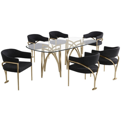 7Pc Tempered Glass Dining Table Set With 6 Black With Matte Gold Side Chairs