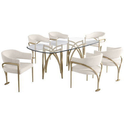 7Pc Tempered Glass Dining Table Set With 6 Cream With Matte Gold Side Chairs