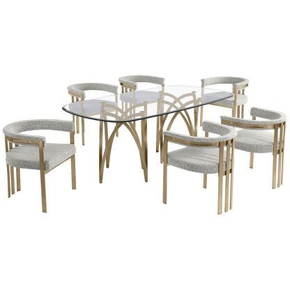 7Pc Tempered Glass Dining Table Set With 6 Rich Gray With Matte Gold Side Chairs
