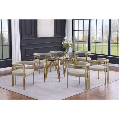 7Pc Tempered Glass Dining Table Set With 6 Gray With Matte Gold Side Chairs