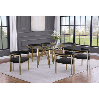 7Pc Tempered Glass Dining Table Set With 6 Black With Matte Gold Side Chairs