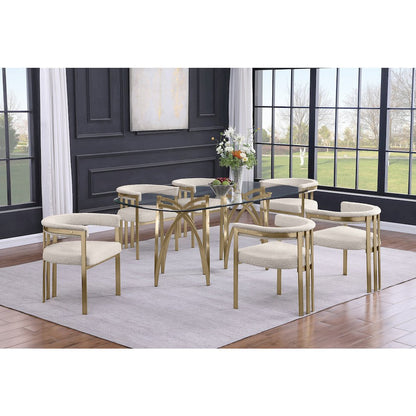 7Pc Tempered Glass Dining Table Set With 6 Cream With Matte Gold Side Chairs