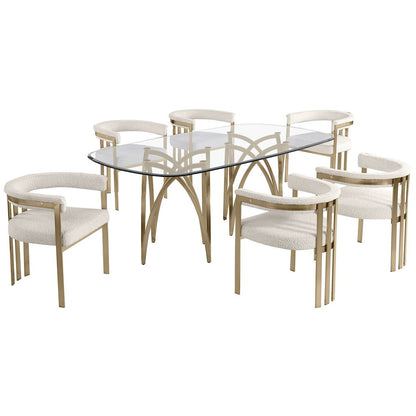 7Pc Tempered Glass Dining Table Set With 6 Cream With Matte Gold Side Chairs