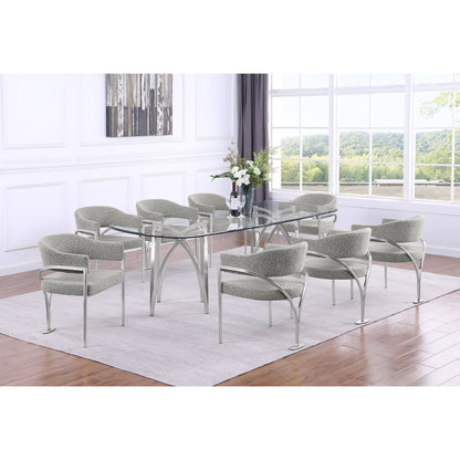 9Pc Tempered Glass Dining Table Set 8 Rich Gray Matte Silver Side Chairs