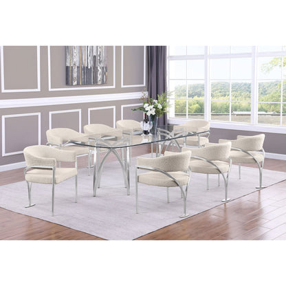 9Pc Tempered Glass Dining Table Set With 8 Cream With Matte Silver Side Chairs