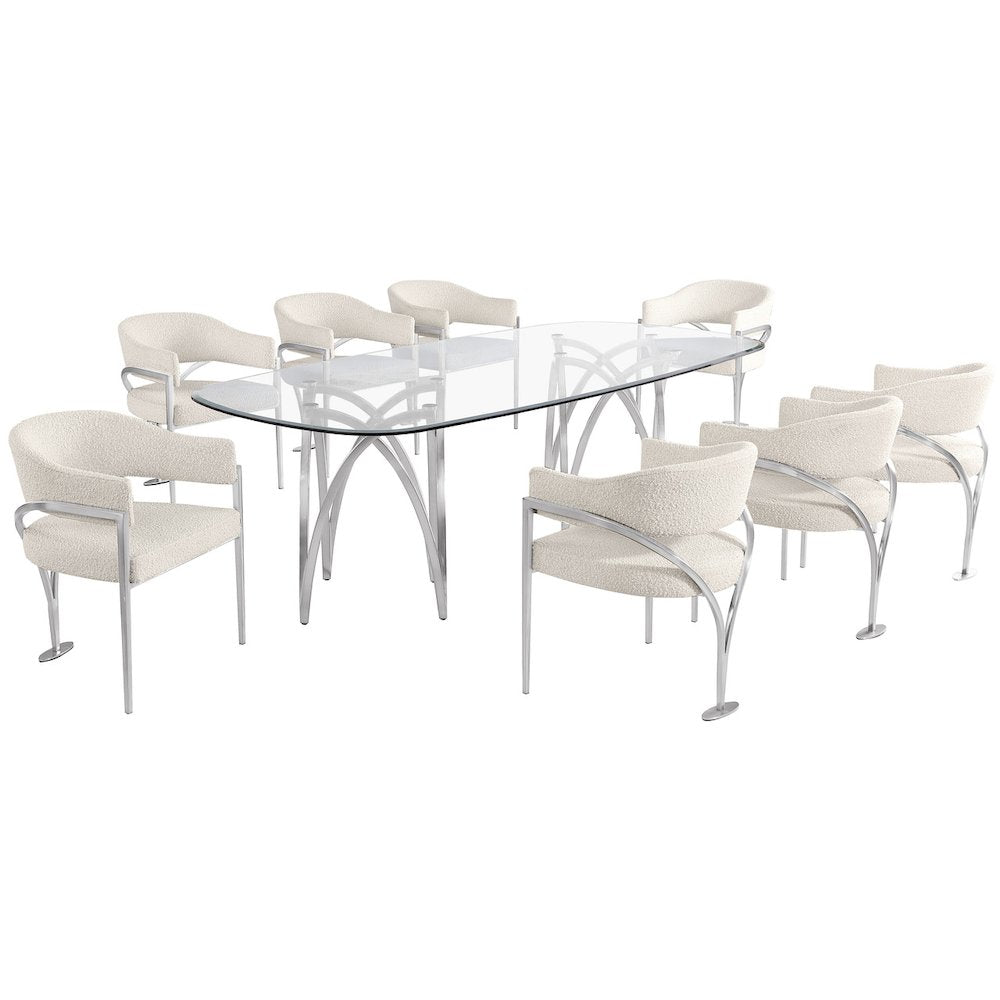 9Pc Tempered Glass Dining Table Set With 8 Cream With Matte Silver Side Chairs