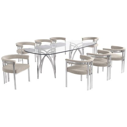 9Pc Tempered Glass Dining Table Set With 8 Gray With Matte Silver Side Chairs
