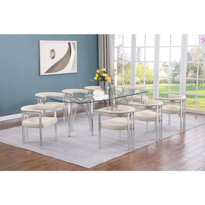 9Pc Tempered Glass Dining Table Set With 8 Cream With Matte Silver Side Chairs