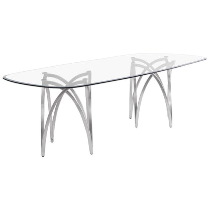 Large Clear Tempered Glass Dining Table Brushed Silver Matte Chrome-Plated Base
