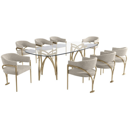 9Pc Tempered Glass Dining Table Set With 8 Gray With Matte Gold Side Chairs