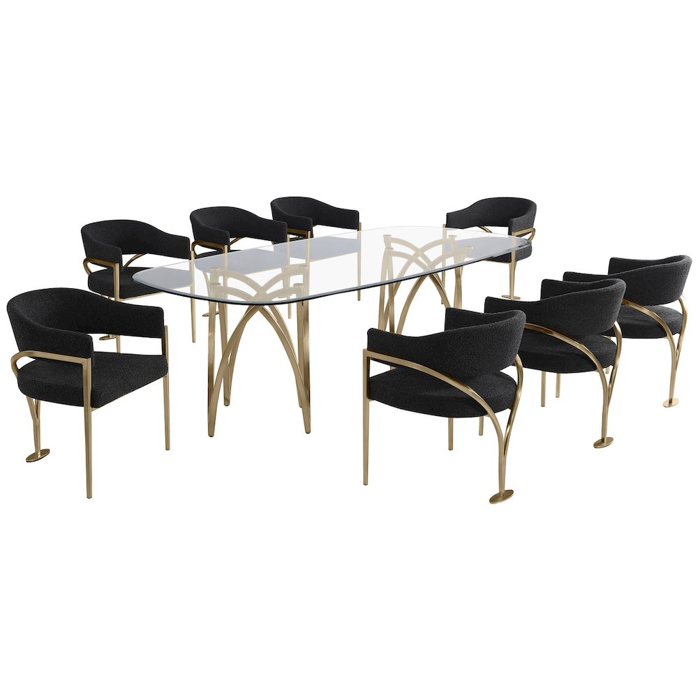 9Pc Tempered Glass Dining Table Set With 8 Black With Matte Gold Side Chairs
