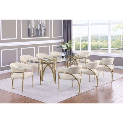 9Pc Tempered Glass Dining Table Set With 8 Cream With Matte Gold Side Chairs