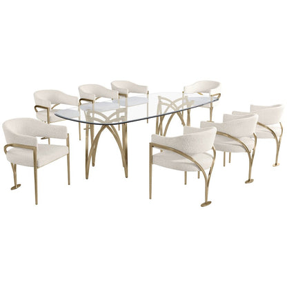 9Pc Tempered Glass Dining Table Set With 8 Cream With Matte Gold Side Chairs