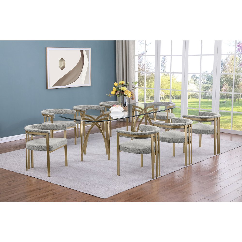 9Pc Tempered Glass Dining Table Set With 8 Rich Gray With Matte Gold Side Chairs