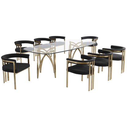 9Pc Tempered Glass Dining Table Set With 8 Black With Matte Gold Side Chairs