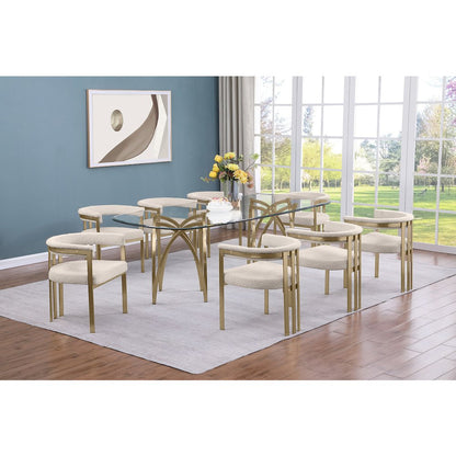 9Pc Tempered Glass Dining Table Set With 8 Cream With Matte Gold Side Chairs