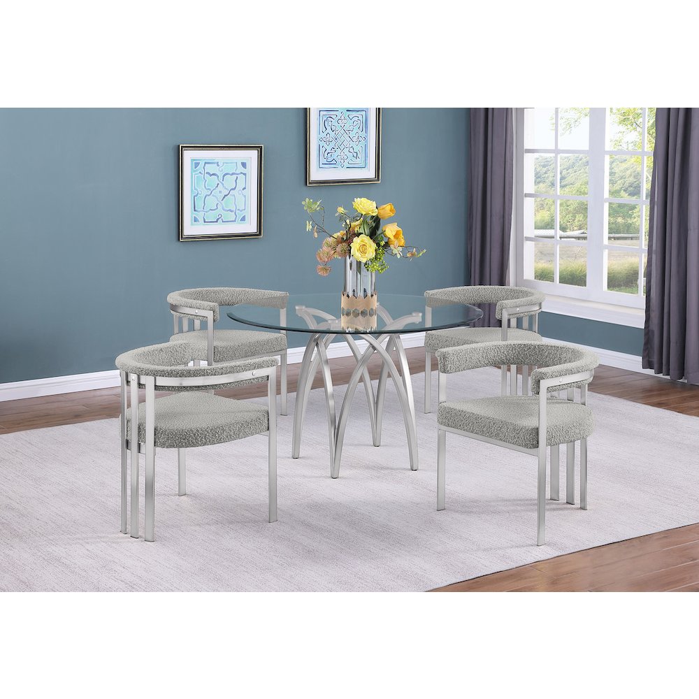 5Pc Round 48X48 Dining Set With 4 Rich Gray Boucle Chairs