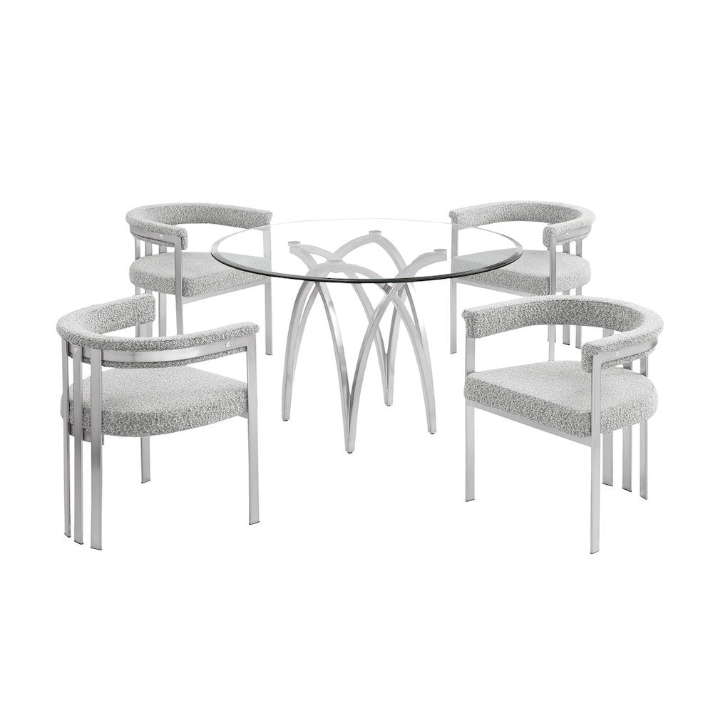 5Pc Round 48X48 Dining Set With 4 Rich Gray Boucle Chairs