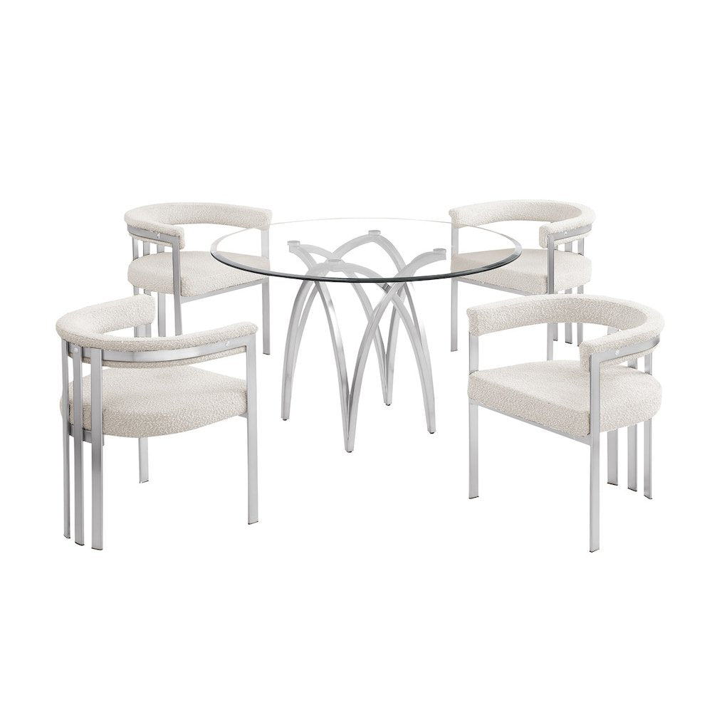 5Pc Round 48X48 Dining Set With 4 Cream Boucle Chairs