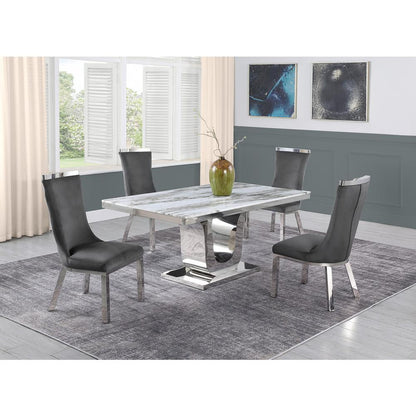 5pc dining set- Rectangle Marble table with a U shape base and 4 side chairs in Dark Grey Velvet