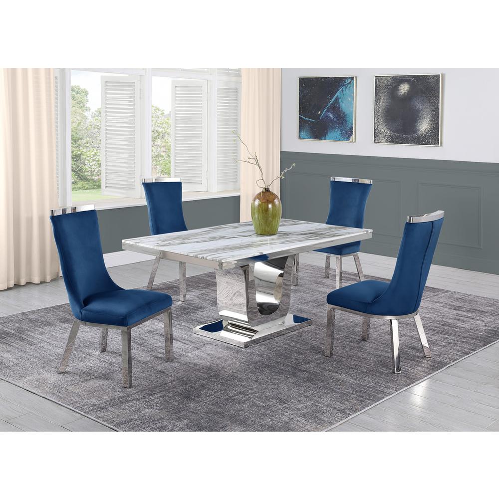 5pc dining set- Rectangle Marble table with a U shape base and 4 side chairs in Navy Blue Velvet