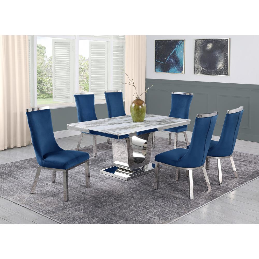 7pc dining set- Recatngle Marble table with a U shape base and 6 side chairs in Navy Blue