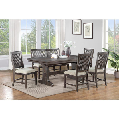 6 piece dining set with 4 beige linen side chairs and single side bench