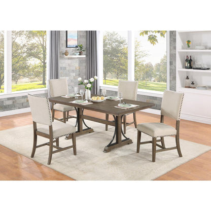 5 piece modern farmhouse dining set in brown oak and beige side chairs