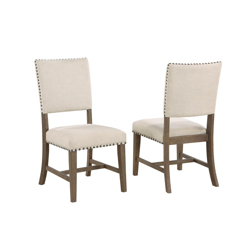 7 piece dining set in brown oak with matching beige linen side chairs and bench