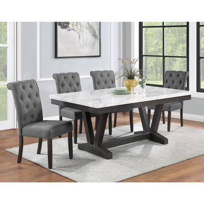 5pc Dining set, Faux Marble Wrap Table set with grey linen dining chairs