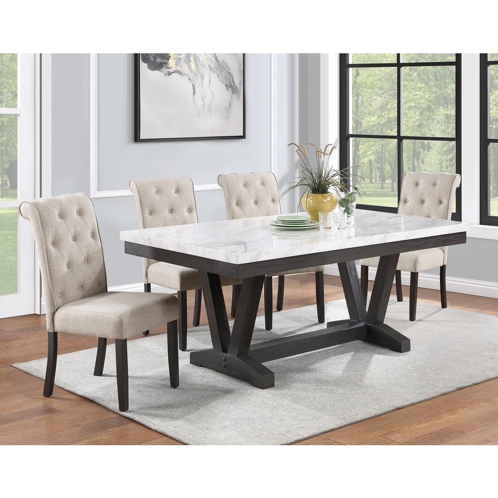 5pc Dining set, Faux Marble Wrap Table set with Beige linen dining chairs