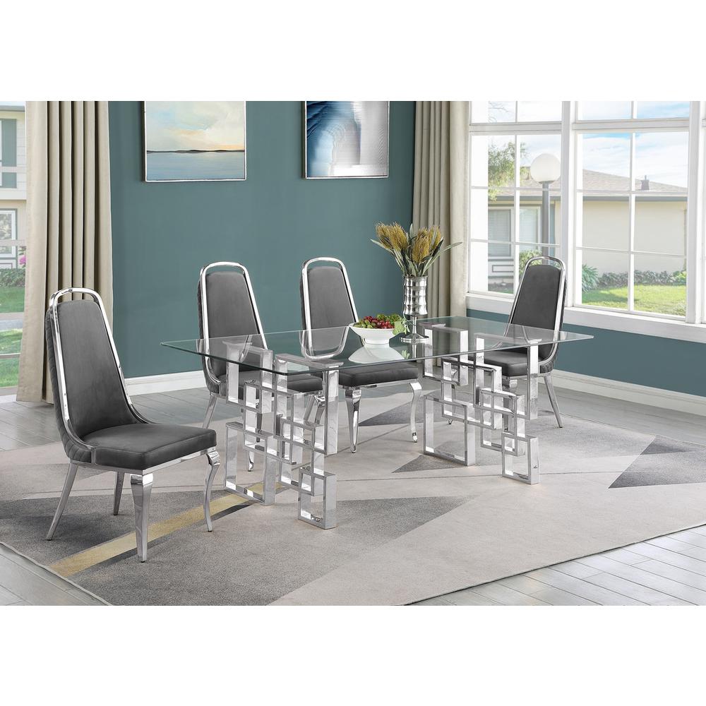5-piece glam dining set with 4 Dark grey chairs and one 79"L glass dining table