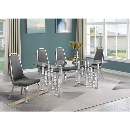 5-piece glam dining set with 4 Dark grey chairs and one 79"L glass dining table