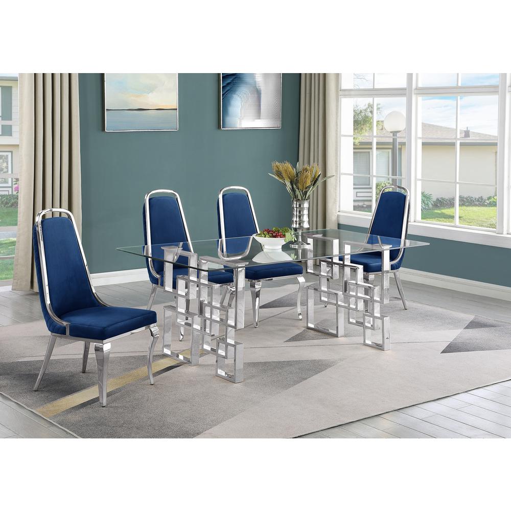 5-piece glam dining set with 4 Navy blue chairs and one 79"L glass dining table