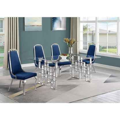 5-piece glam dining set with 4 Navy blue chairs and one 79"L glass dining table