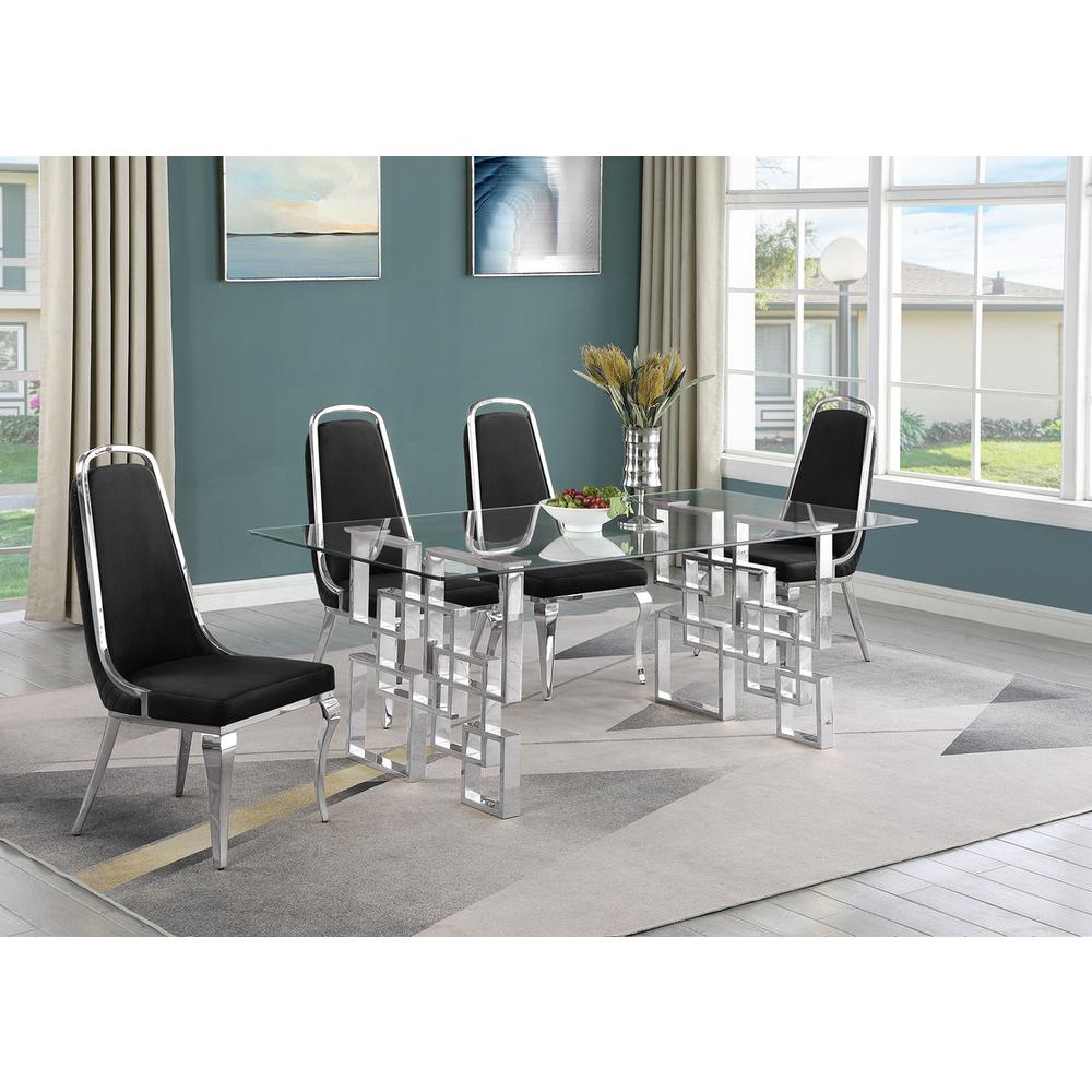 5-piece glam dining set with 4 Black side chairs and one 79"L glass dining table