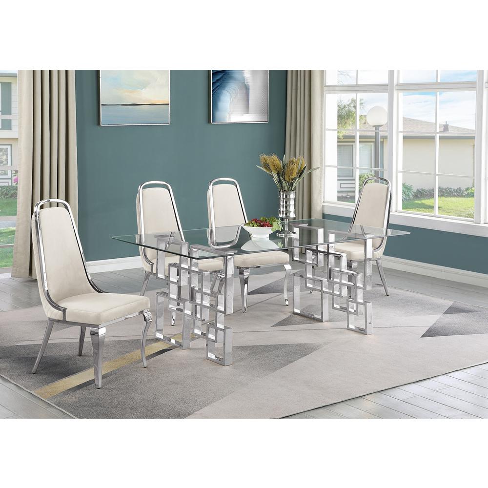 5-piece glam dining set with 4 Cream side chairs and one 79"L glass dining table