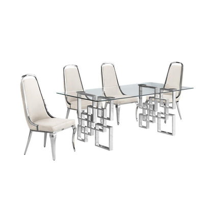 5-piece glam dining set with 4 Cream side chairs and one 79"L glass dining table