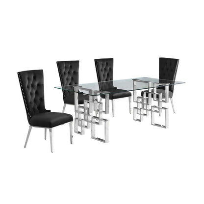 5-piece glam dining set with 4 black chairs and a 79" long glass  table