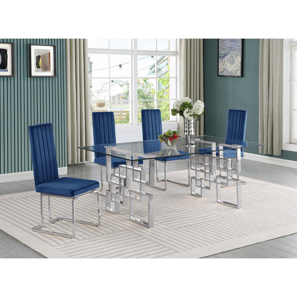 5-piece glam dining set with 4 Navy blue chairs and one 79" glass  table