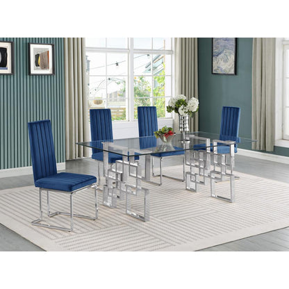 5-piece glam dining set with 4 Navy blue chairs and one 79" glass  table