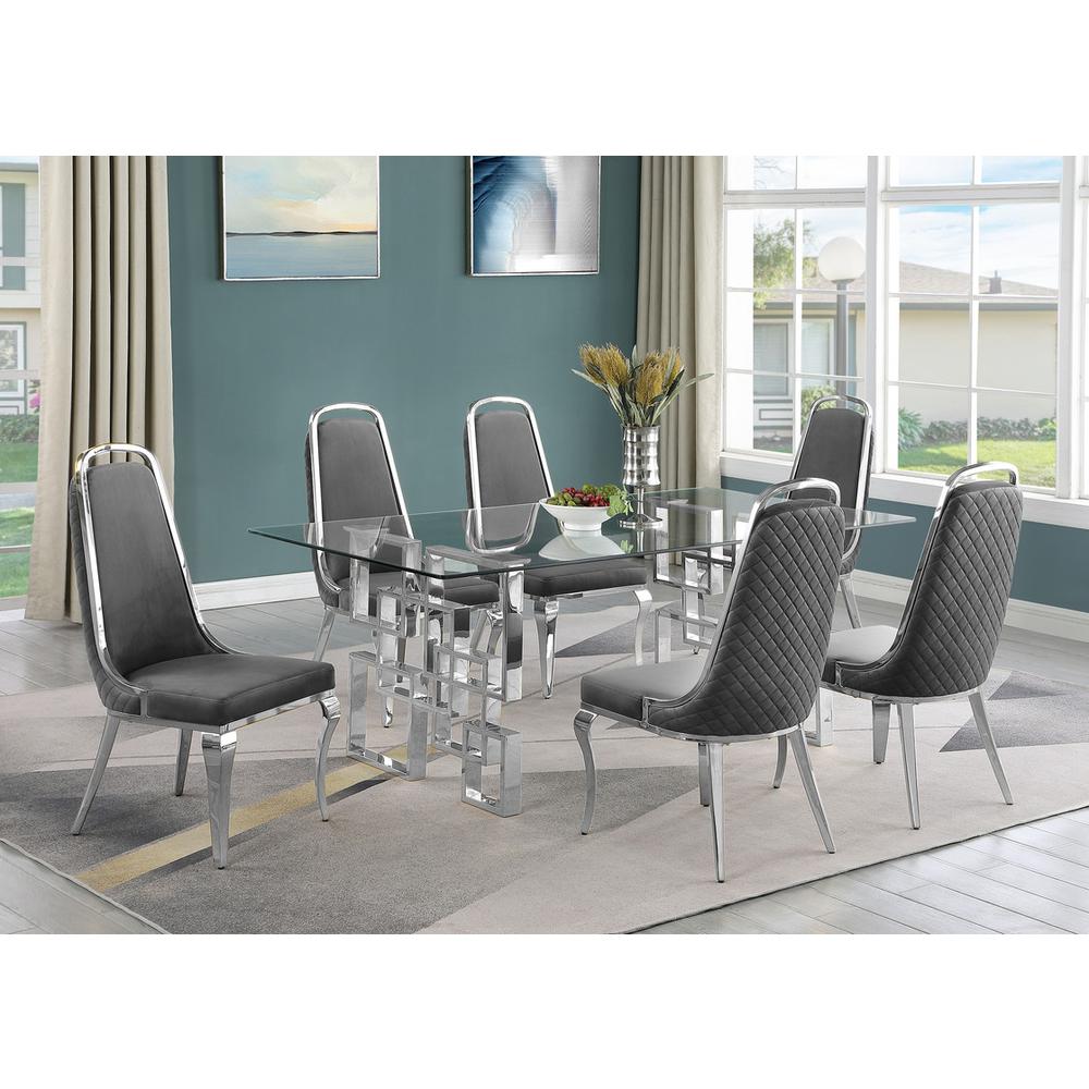 7-piece glam dining set with  6 Dark grey chairs and one 79" glass dining table