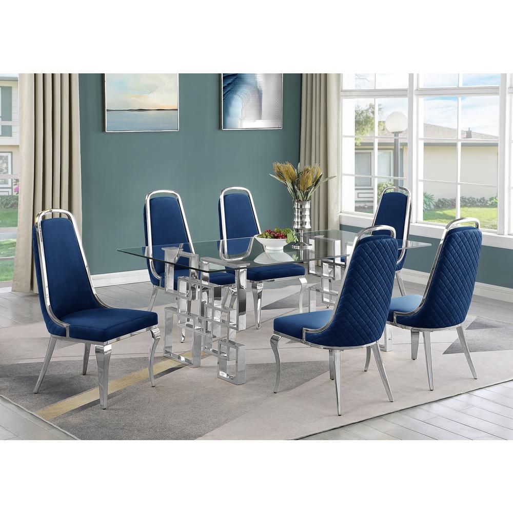7-piece glam dining set with  6 Navy blue chairs and one 79" glass dining table
