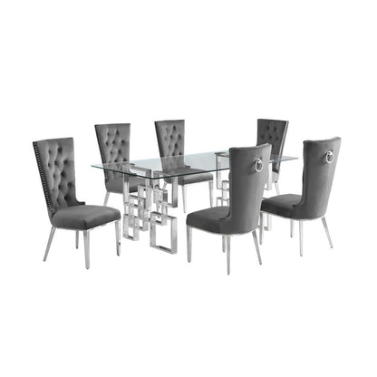 7-piece glam dining set with 6 dark grey chairs and a 79" long glass  table