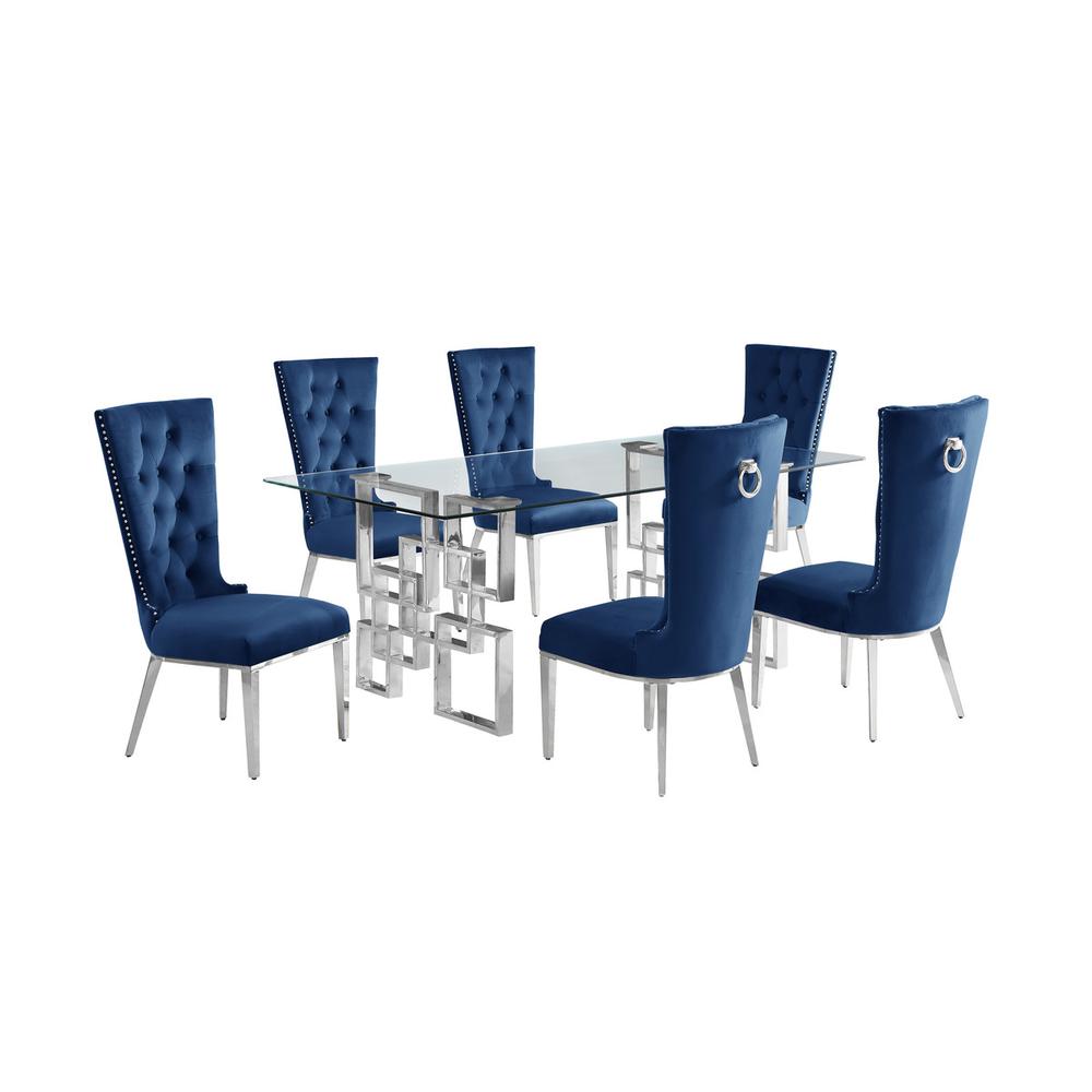 7-piece glam dining set with 6 navy blur chairs and a 79" long glass  table