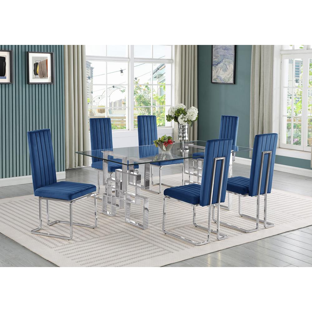 7-piece glam dining set with 6 Navy blue chairs and one 79" glass  table
