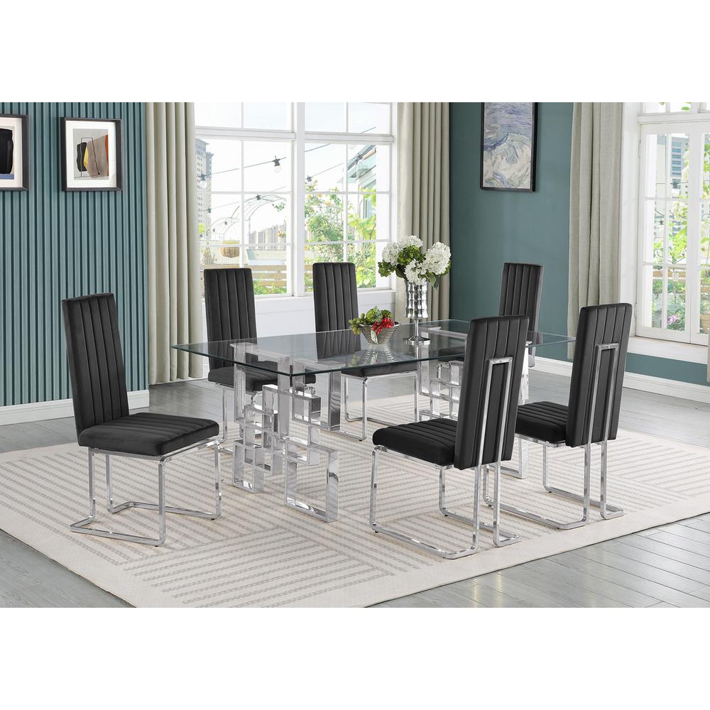 7-piece glam dining set with 6 Black side chairs and one 79" glass dining table