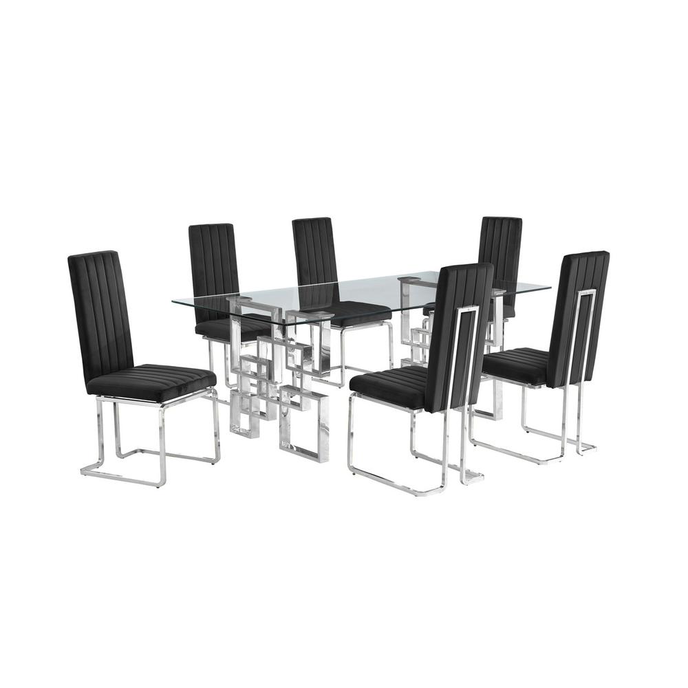 7-piece glam dining set with 6 Black side chairs and one 79" glass dining table