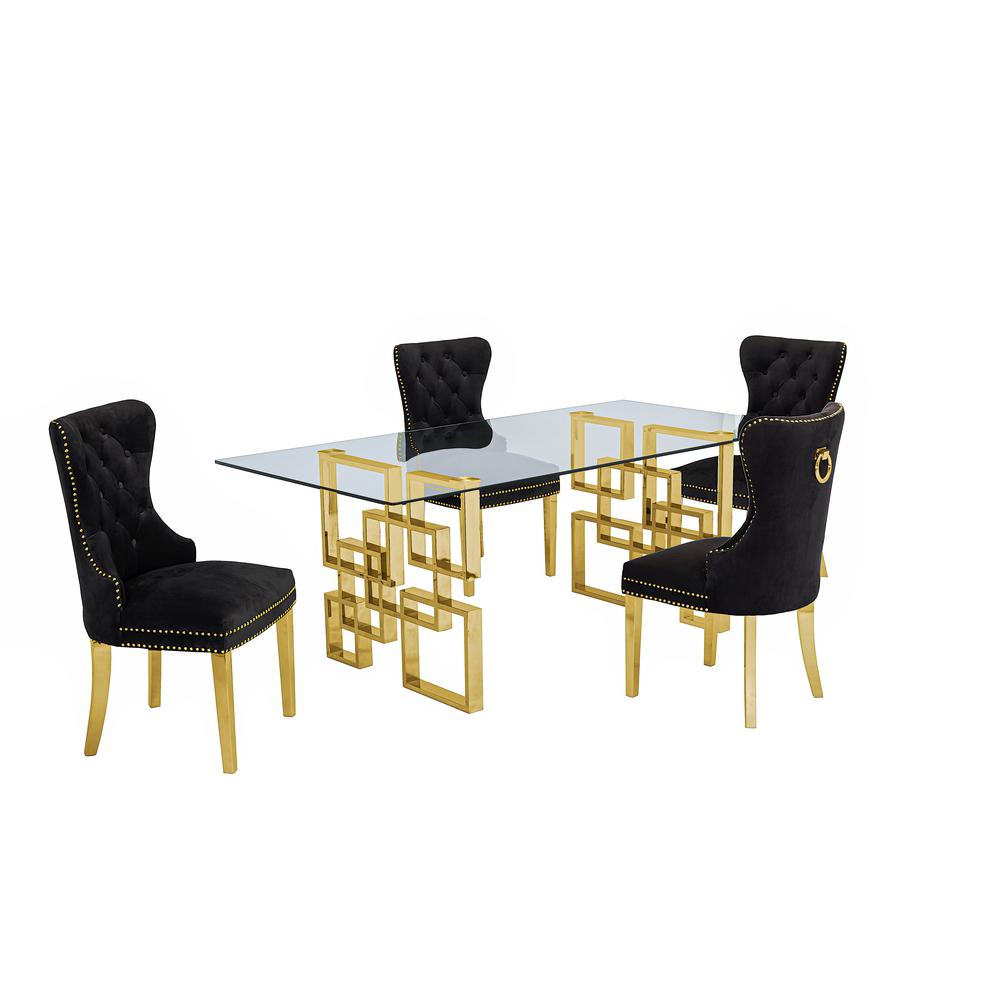 Classic 5 Piece Dining Set With Glass Table Top and Stainless Steel Legs, Black