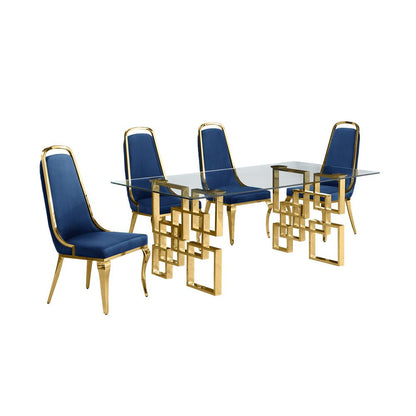 5-piece glam dining set with 4 Navy blue chairs and one 79" glass dining table